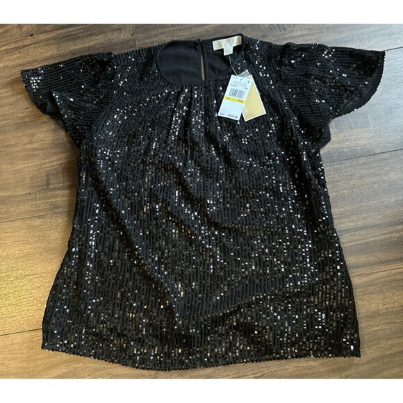 Michael Kors Women's Sequin Flutter-Sleeve Cocktail Holidays Blouse Top Petite M - Picture 6 of 10